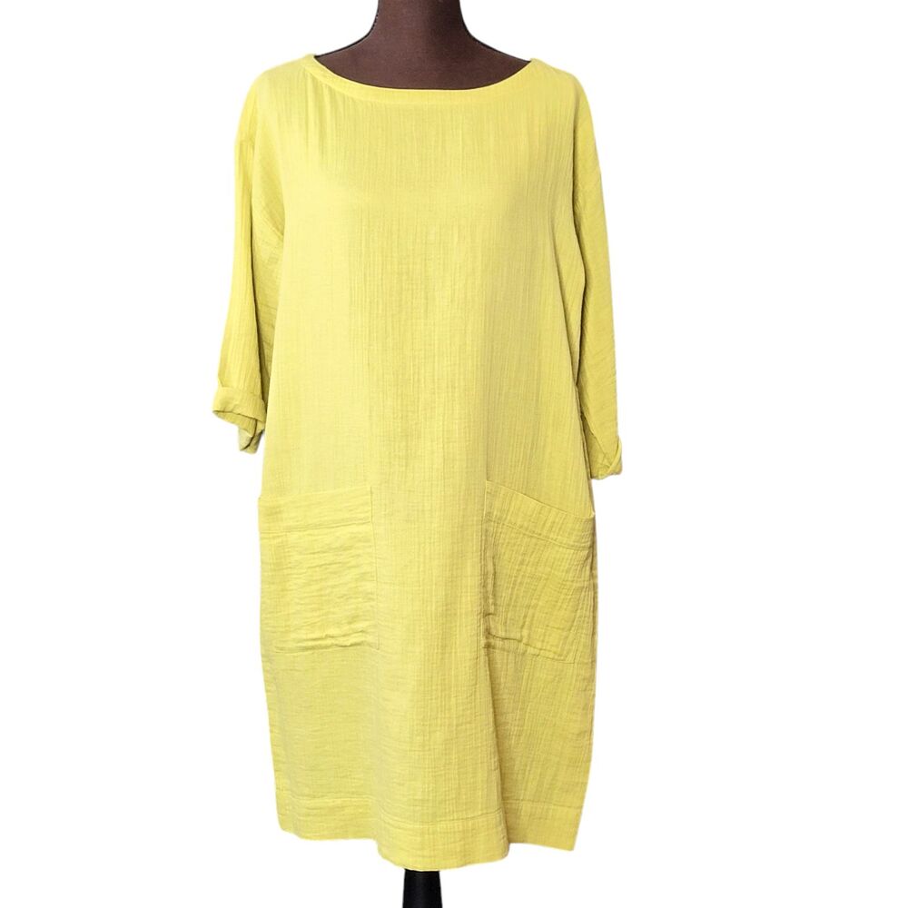 Ellen Fisher Dress Size S 100% Organic Cotton Olive Crinkle Gauze Comfortable
